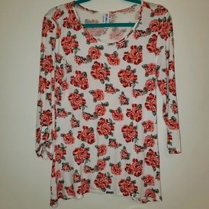 STUDIO Long Sleeve Floral Scoop Neck Flowy Blouse White with Pink Roses 172